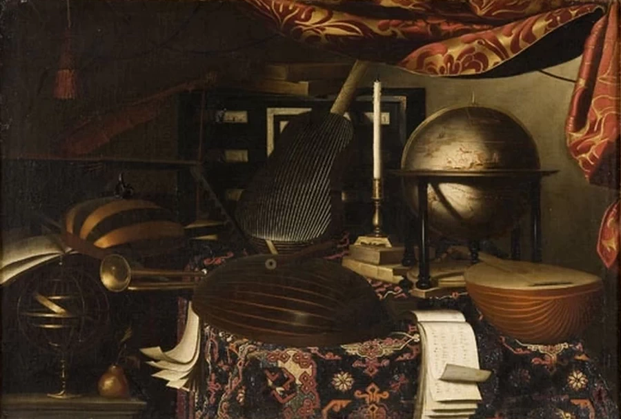 Natura morta con strumenti musicali, astrolabio, globo e candeliere - Instituut Collectie Nederland